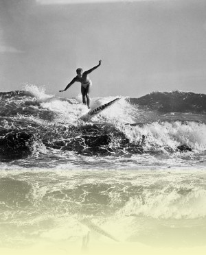 A North Bondi lifesaver on surfboard, J Fitzpatrick, 1950.++
