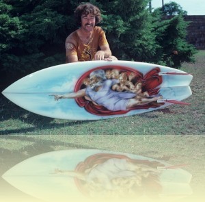 Jim Parkinson (shaper) with a Michelangelo Surfboard design, Tim Vanderlaan, March 1979. <br>Courtesy and © Tim Vanderlaan++