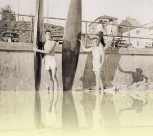 Barry ‘Magoo’ McGuigan and friend at Bondi, photographer unknown, c1950s. Courtesy Barry McGuigan++