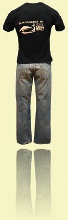 T-shirt with ‘Surfboards by Bill Wallace’ logo and Levi Strauss & Co Blue Jeans. Early 1960s++