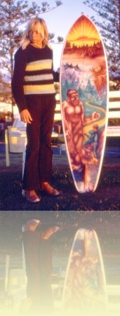 Point Land. Dale Egan with Shane Egan airbrush board at Snapper Rocks Shane Egan, 1973<br/>Courtesy and © Shane Egan ++