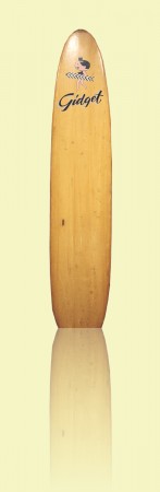 Pig Wallace Surfboards, Bronte, c1959, balsa, fibreglass and resin. Shaped by  Bill Wallace. Cartoon by Rollo Smith & Son++