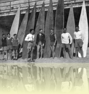 Manly surfboards and barbed wire, photographer unknown, c1945. Manly Library++