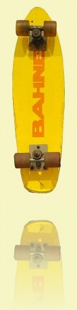 Yellow Bahne superflex skateboard Bahne, 1974–80. Mick Mock Collection++