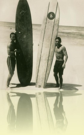 Barry ‘Magoo’ McGuigan and Scott Dillon at Bondi Beach, photographer unknown, late 1950s. Courtesy Barry McGuigan++