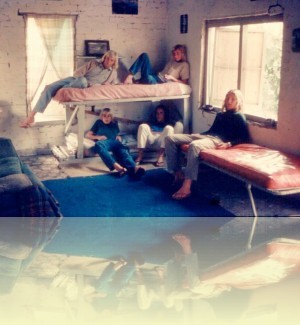 Toffer, Magoo, Bunny, Chris and Nick at surfers’ shack, Long Reef, Jeff Morris, late 1970s. <br>Courtesy Warren MacKenney. © Jeff Morris++