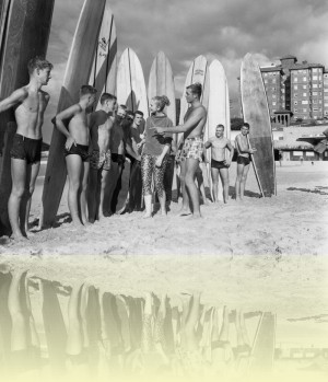 Surfboard riders on Manly Beach, John Tanner, 1958. National Archive of Australia: A1200, L26853. © Commonwealth of Australia++