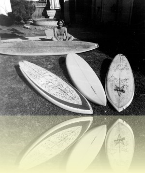 Steve Abbott and surfboards, Donna Abbott, c1970s. Courtesy and © Donna Abbott++