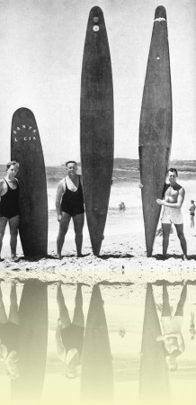 Maroubra boardmen Bruce Devlin, Frank Adler and Vince Mulcahy at Bondi  <br>Photographer unknown, c1945, from C Bede Maxwell++