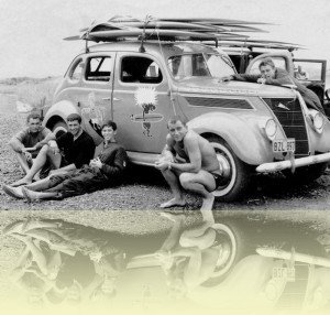 1937 Ford with boards and boys, Baba Looey, 1960s.<br/>Courtesy Australian Surf Museum, Manly Life Saving Club. © Baba Looey++